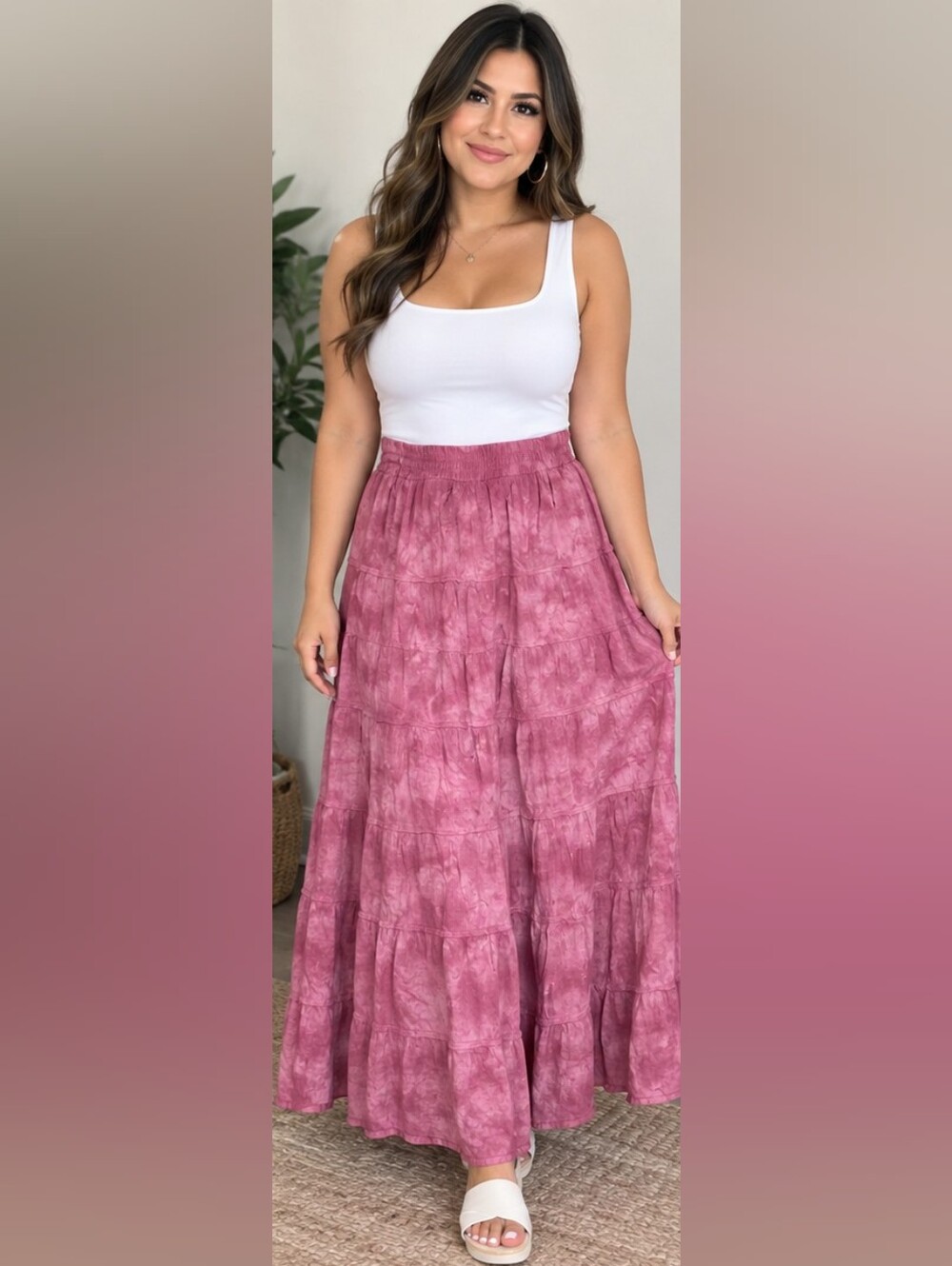 Dressbarn Rose-Mauve Tiered Tie-Dye Maxi Skirt 100% Cotton Size Medium
